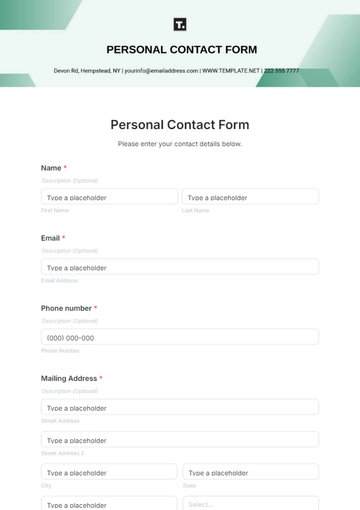 Free Personal Contact Form Template to Edit Online
