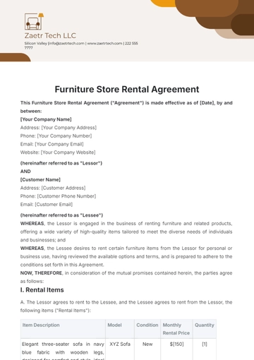 Free Furniture Store Rental Agreement Template to Edit Online