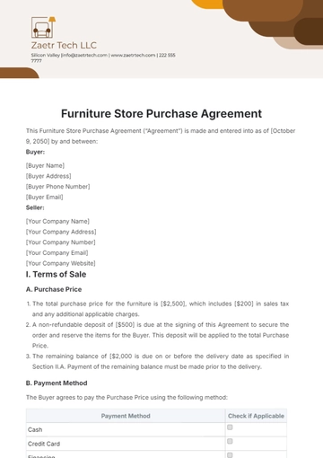 Free Furniture Store Purchase Agreement Template to Edit Online