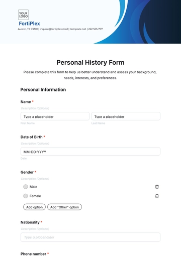 Free Personal History Form Template to Edit Online