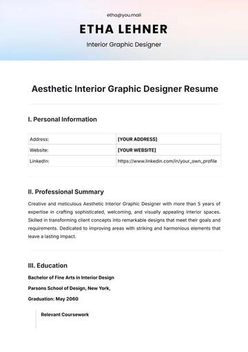 Free Aesthetic Interior Graphic Designer Resume Template to Edit Online