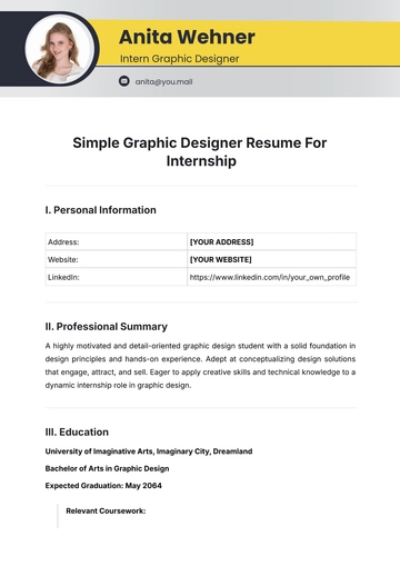 Free Simple Graphic Designer Resume For Internship Template to Edit Online