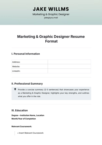 Free Marketing & Graphic Designer Resume Format Template to Edit Online