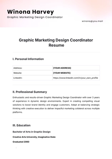 Free Graphic Marketing Design Coordinator Resume Template to Edit Online