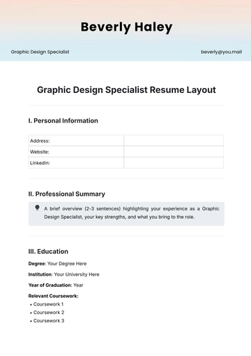 Free Graphic Design Specialist Resume Layout Template to Edit Online