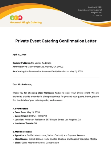 Free Private Event Catering Confirmation Letter Template to Edit Online