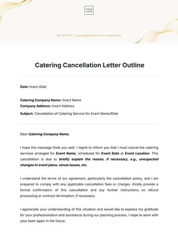 Free Catering Cancellation Letter Outline Template to Edit Online