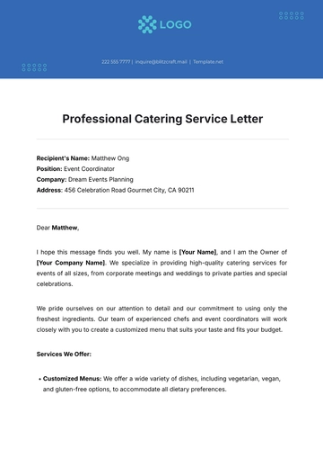 Free Professional Catering Service Letter Template to Edit Online