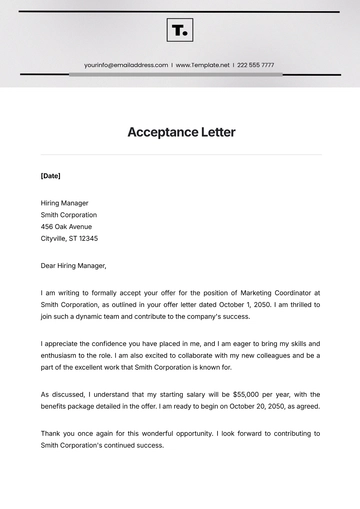 Free Acceptance Letter Template to Edit Online