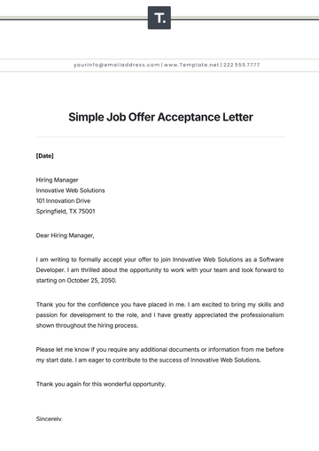 Free Simple Job Offer Acceptance Letter Template to Edit Online