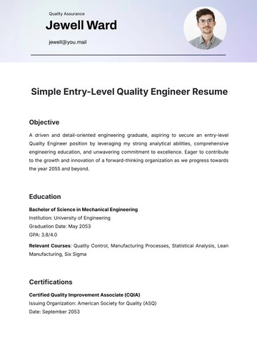Free Simple Entry-Level Quality Engineer Resume Template to Edit Online