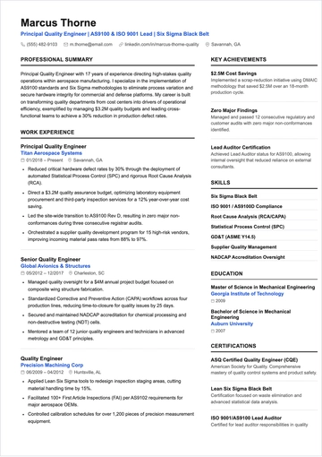 Free Blank Principal Quality Engineer Resume Template to Edit Online