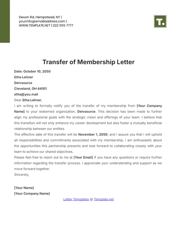Free Transfer of Membership Letter Template to Edit Online