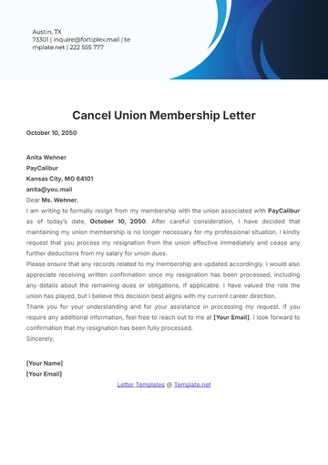 Free Cancel Union Membership Letter Template to Edit Online