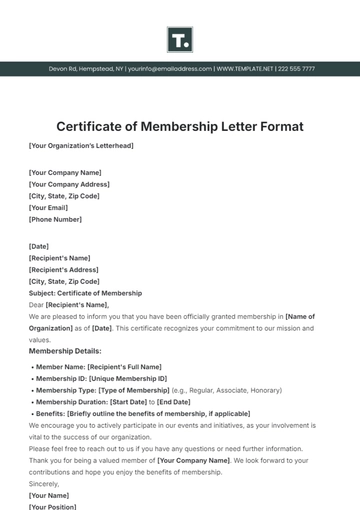 Free Certificate of Membership Letter Format Template to Edit Online