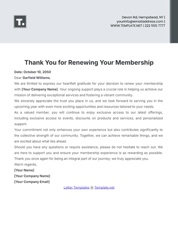 Free Thank You for Renewing Your Membership Letter Template to Edit Online