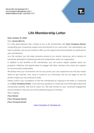 Free Life Membership Letter Template to Edit Online