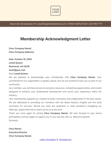 Free Membership Acknowledgment Letter Template to Edit Online