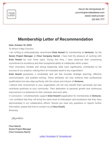 Free Membership Letter of Recommendation Template to Edit Online
