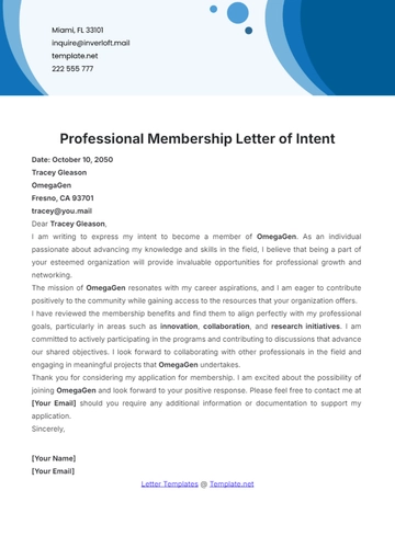 Free Professional Membership Letter of Intent Template to Edit Online