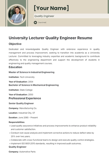Free University Lecturer Quality Engineer Resume Template to Edit Online