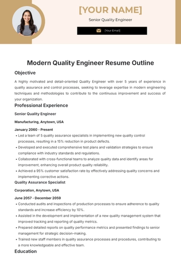 Free Modern Quality Engineer Resume Outline Template to Edit Online