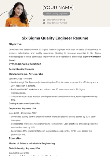 Free Six Sigma Quality Engineer Resume Template to Edit Online