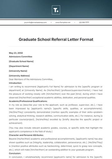 Free Graduate School Referral Letter Format Template to Edit Online