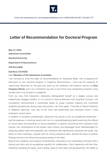 Free Letter of Recommendation for Doctoral Program Template to Edit Online