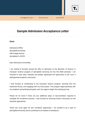 Free Sample Admission Acceptance Letter Template to Edit Online