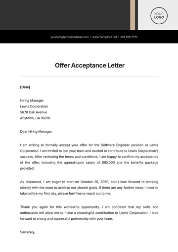 Free Offer Acceptance Letter Template to Edit Online