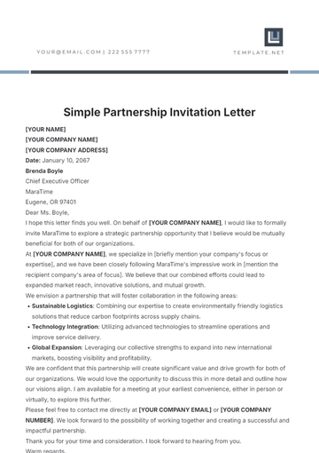 Free Simple Partnership Invitation Letter Template to Edit Online