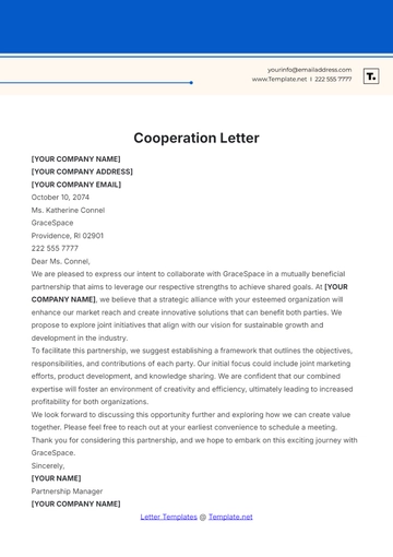 Free Cooperation Letter Template to Edit Online