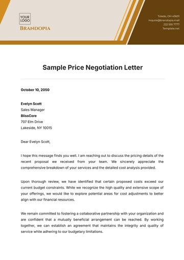 Free Sample Price Negotiation Letter Template to Edit Online