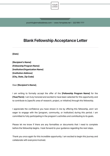 Free Blank Fellowship Acceptance Letter Template to Edit Online
