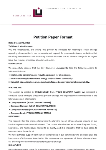 Free Petition Paper Format Template to Edit Online