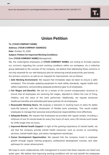 Free Union Petition Template to Edit Online