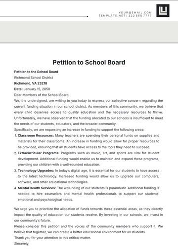 Free Petition to School Board Template to Edit Online