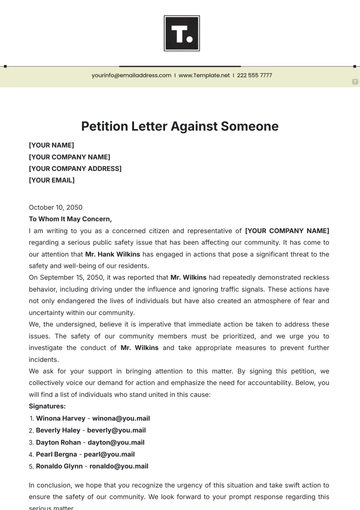 Free Petition Letter Against Someone Template to Edit Online