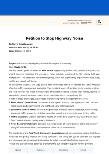 Free Petition to Stop Highway Noise Template to Edit Online