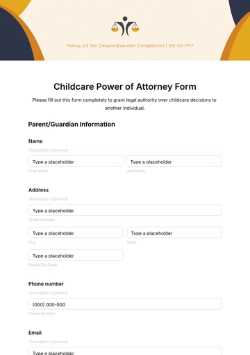 Free Childcare Power of Attorney Form Template to Edit Online