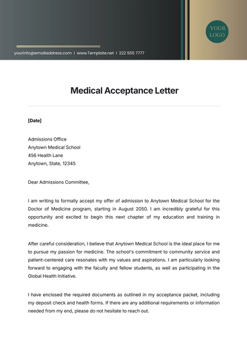 Free Medical Acceptance Letter Template to Edit Online