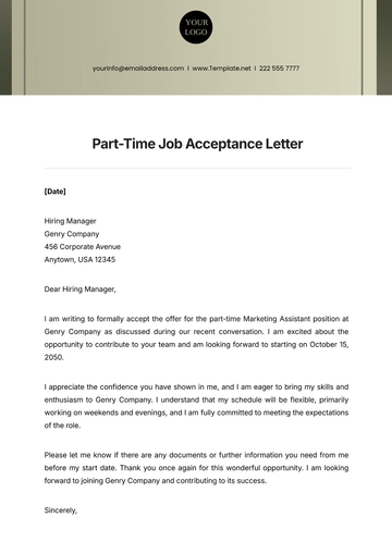 Free Part-Time Job Acceptance Letter Template to Edit Online