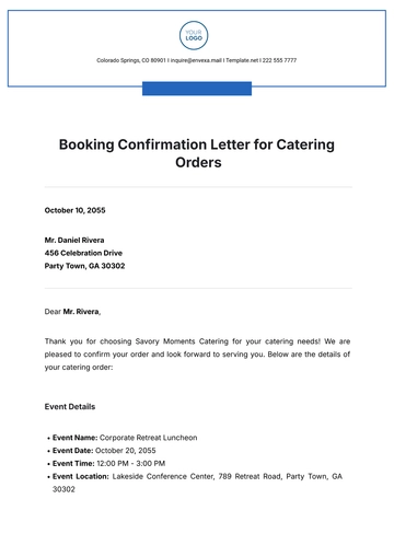Free Booking Confirmation Letter for Catering Orders Template to Edit Online