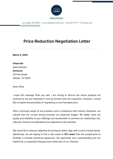 Free Price Reduction Negotiation Letter Template to Edit Online