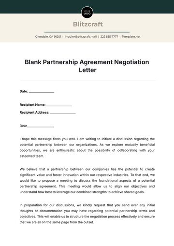 Free Blank Partnership Agreement Negotiation Letter Template to Edit Online