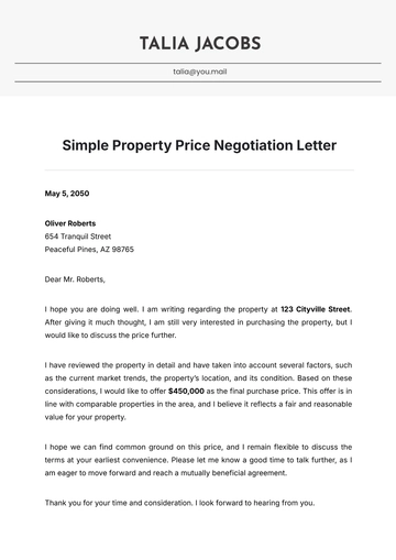 Free Simple Property Price Negotiation Letter Template to Edit Online