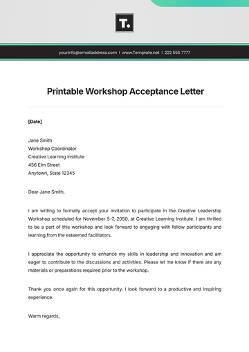 Free Printable Workshop Acceptance Letter Template to Edit Online