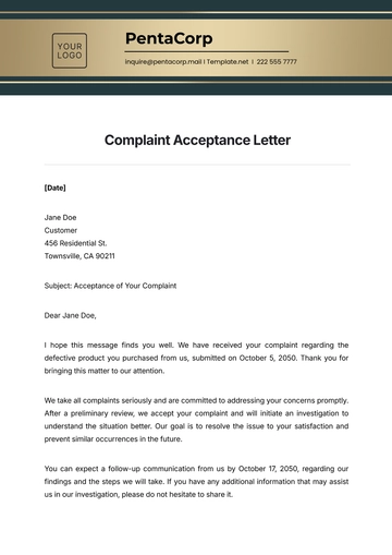 Free Complaint Acceptance Letter Template to Edit Online