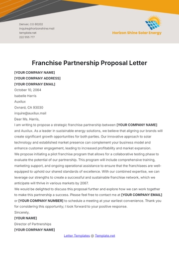 Free Franchise Partnership Proposal Letter Template to Edit Online